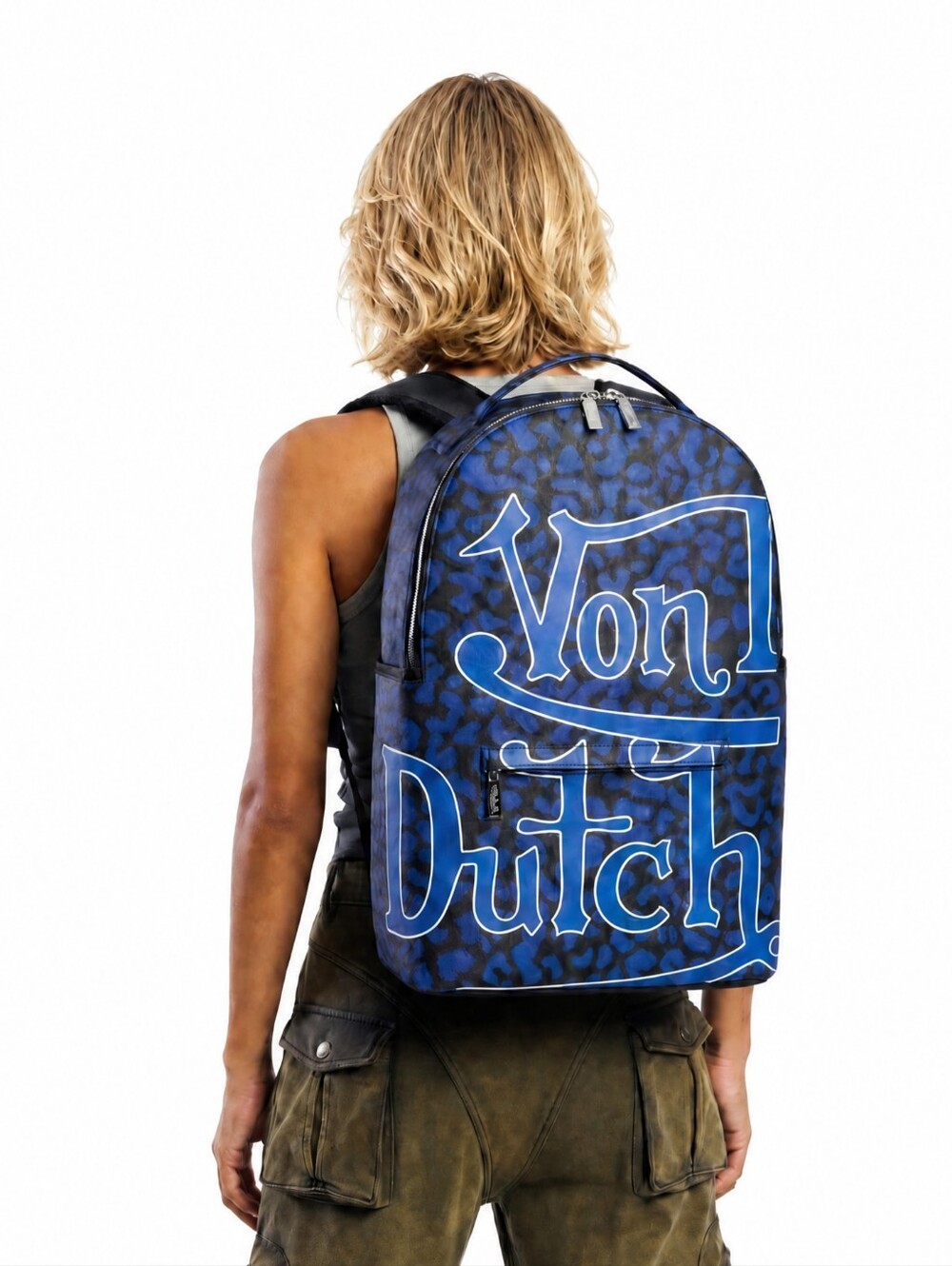 Large Size Von Dutch Blue Cheetah Leopard-Print Backpack - Picture 2 of 7
